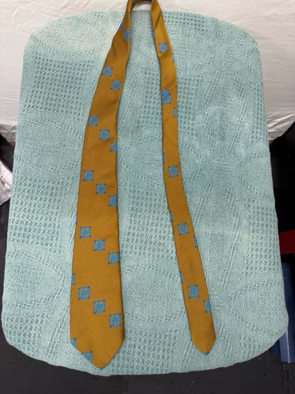 Vintage Superba Golden Mustard Yellow Tie with Blue Crest Medallion Pattern
